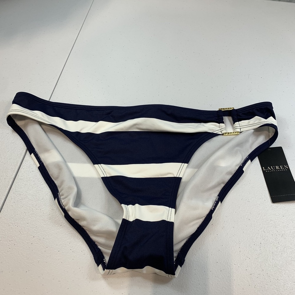 Lauren Ralph Lauren Women's Swim Bikini‎ Bottoms 12 Striped Ring Hipsters Blue